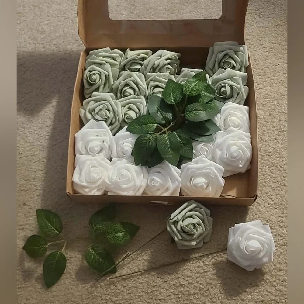 Sage green and white foam flowers with stem for home or bridal decorations